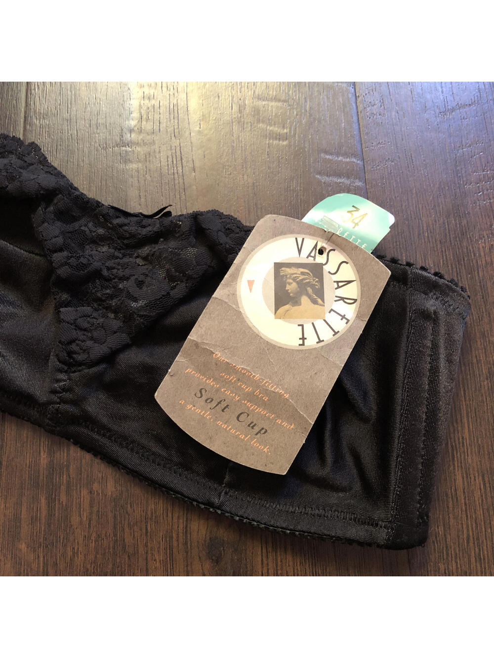 Vintage Vassarette Black Lace And Satin Bralette Bandeau Bra 34B/C